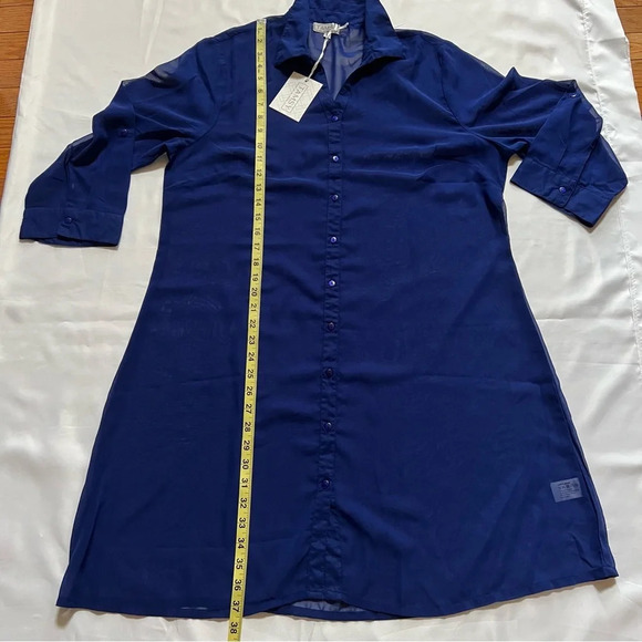 Tamsy Womens Blue Cover Up Shirt Dress Large Beachwear Button Up Billowy Sheer - Picture 15 of 17